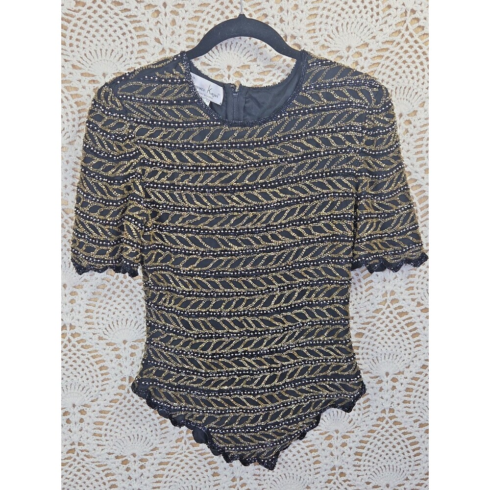 VINTAGE Laurence Kazar Black Gold Beaded Sequin Silk Scallop Hem Top MED PETITE